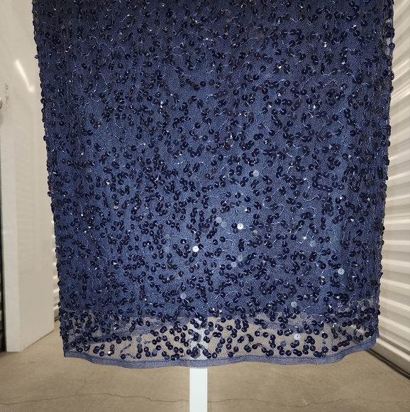 NWT Mac Duggal Fully Sequined Ruffle Tiered Bell Sleeve Midi Dress Navy 14 10802 - Picture 7 of 8